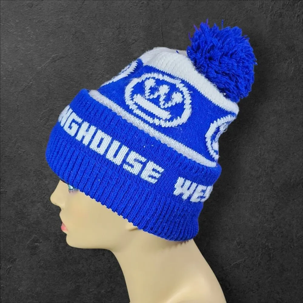 Vintage Westinghouse Pom Beanie Blue White Logo Knit Hat 70s 80s Rare Promo